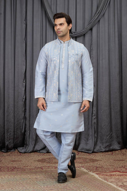 Blue Colour Art Silk Embroidery Work 3 Pcs  Kurta Jacket Set KP1230610