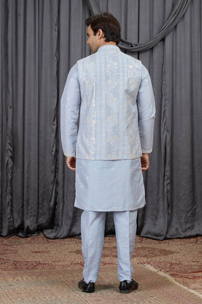 Blue Colour Art Silk Embroidery Work 3 Pcs  Kurta Jacket Set KP1230610