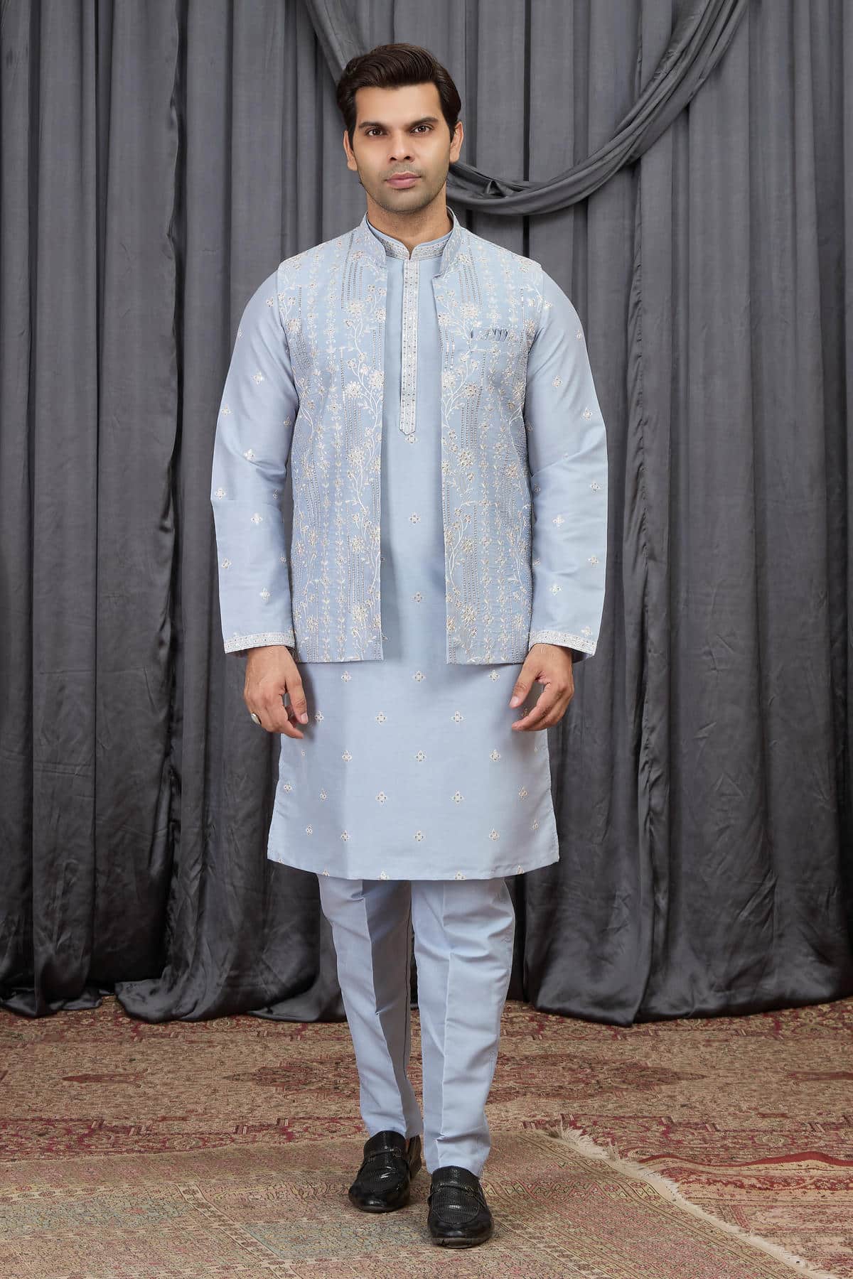 Blue Colour Art Silk Embroidery Work 3 Pcs  Kurta Jacket Set KP1230610