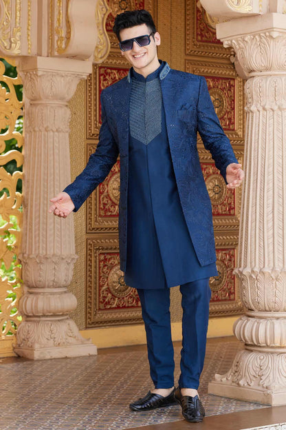 Blue Colour Art Silk Embroidery Work 3 Pcs Indo Western
