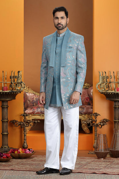 Blue Colour Art Silk Embroidery Work 3 Pcs Jacket Set Sherwani
