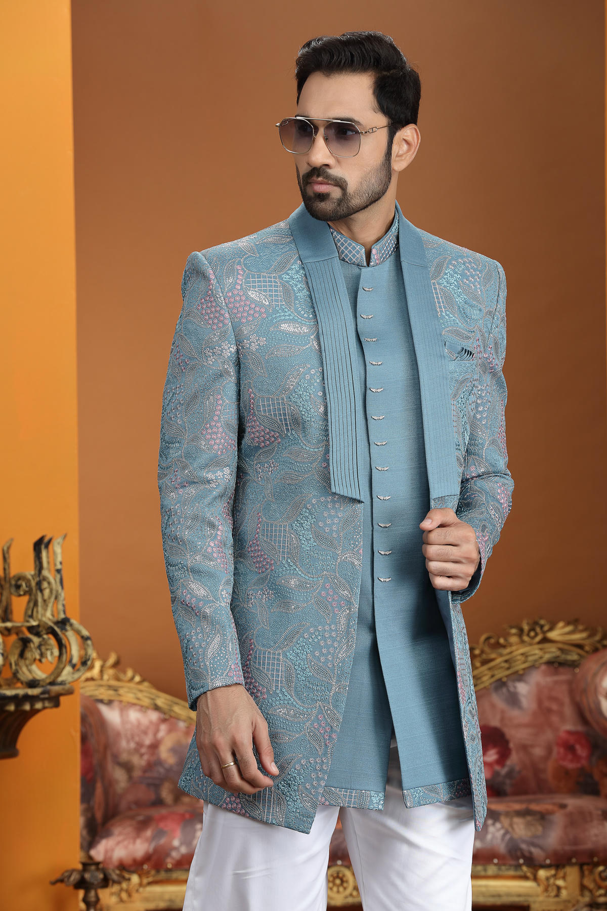Blue Colour Art Silk Embroidery Work 3 Pcs Jacket Set Sherwani