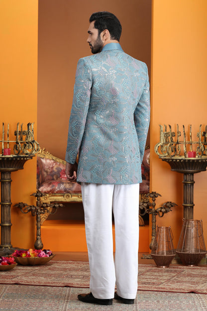 Blue Colour Art Silk Embroidery Work 3 Pcs Jacket Set Sherwani