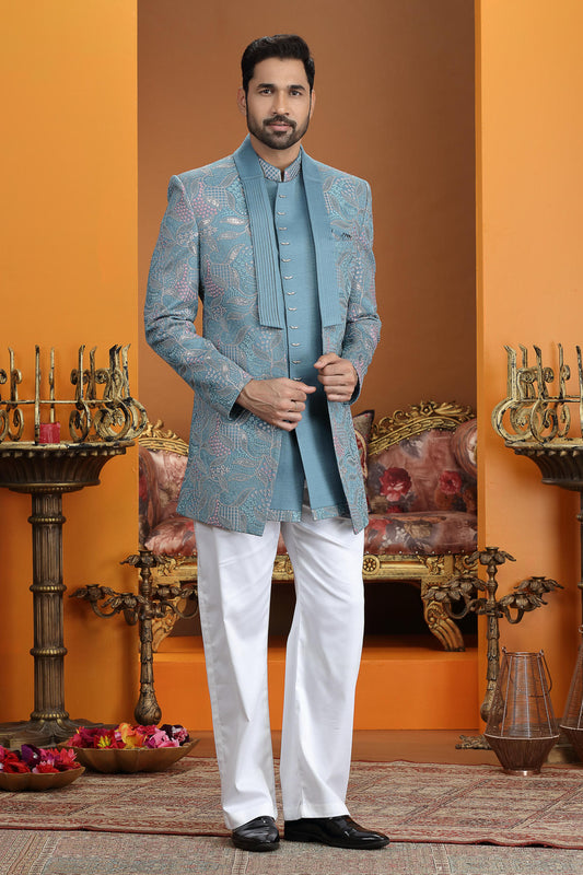 Blue Colour Art Silk Embroidery Work 3 Pcs Jacket Set Sherwani