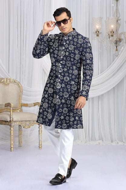 Blue Colour Art Silk Embroidery Work Sherwani