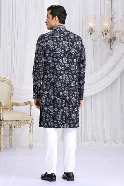 Blue Colour Art Silk Embroidery Work Sherwani