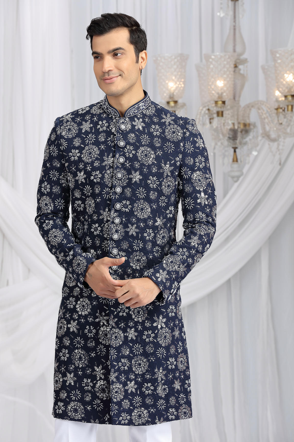 Blue Colour Art Silk Embroidery Work Sherwani