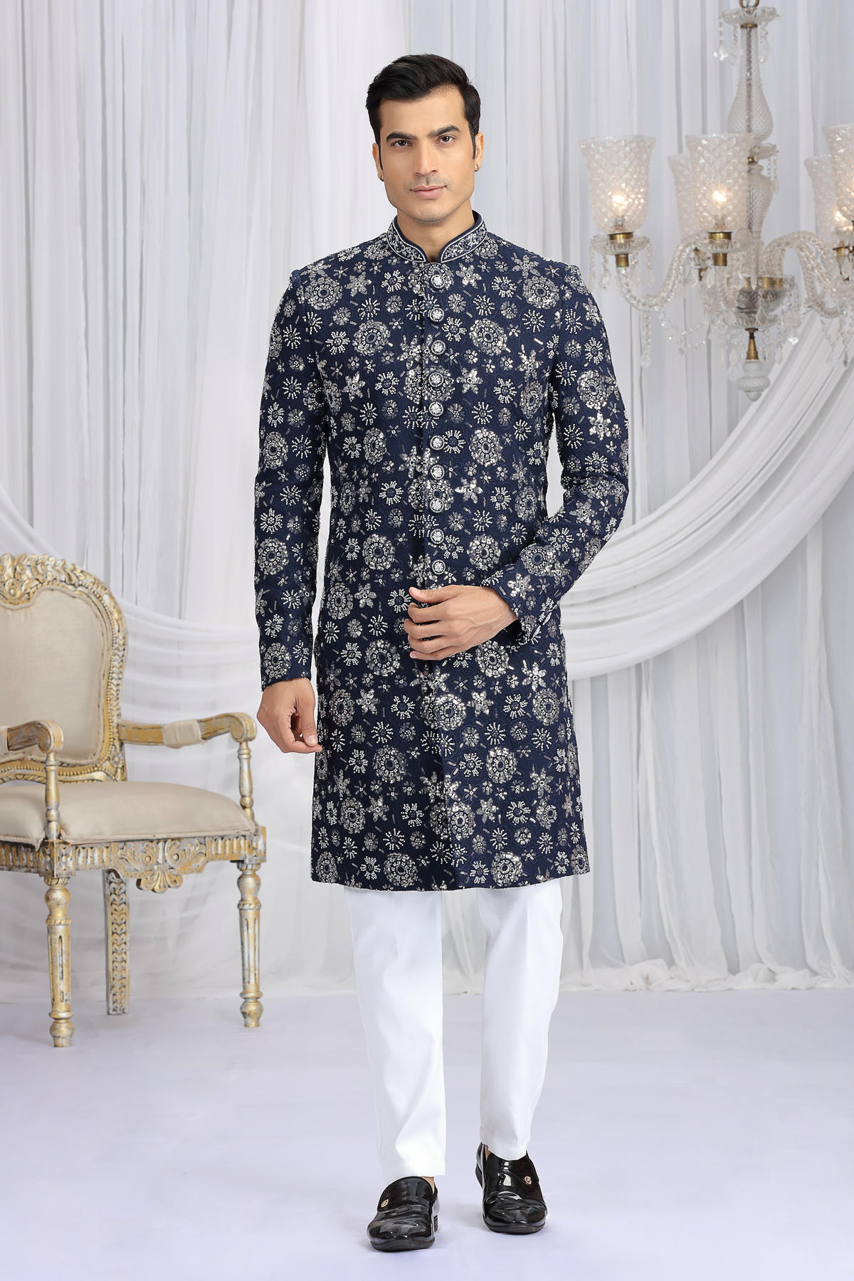 Blue Colour Art Silk Embroidery Work Sherwani