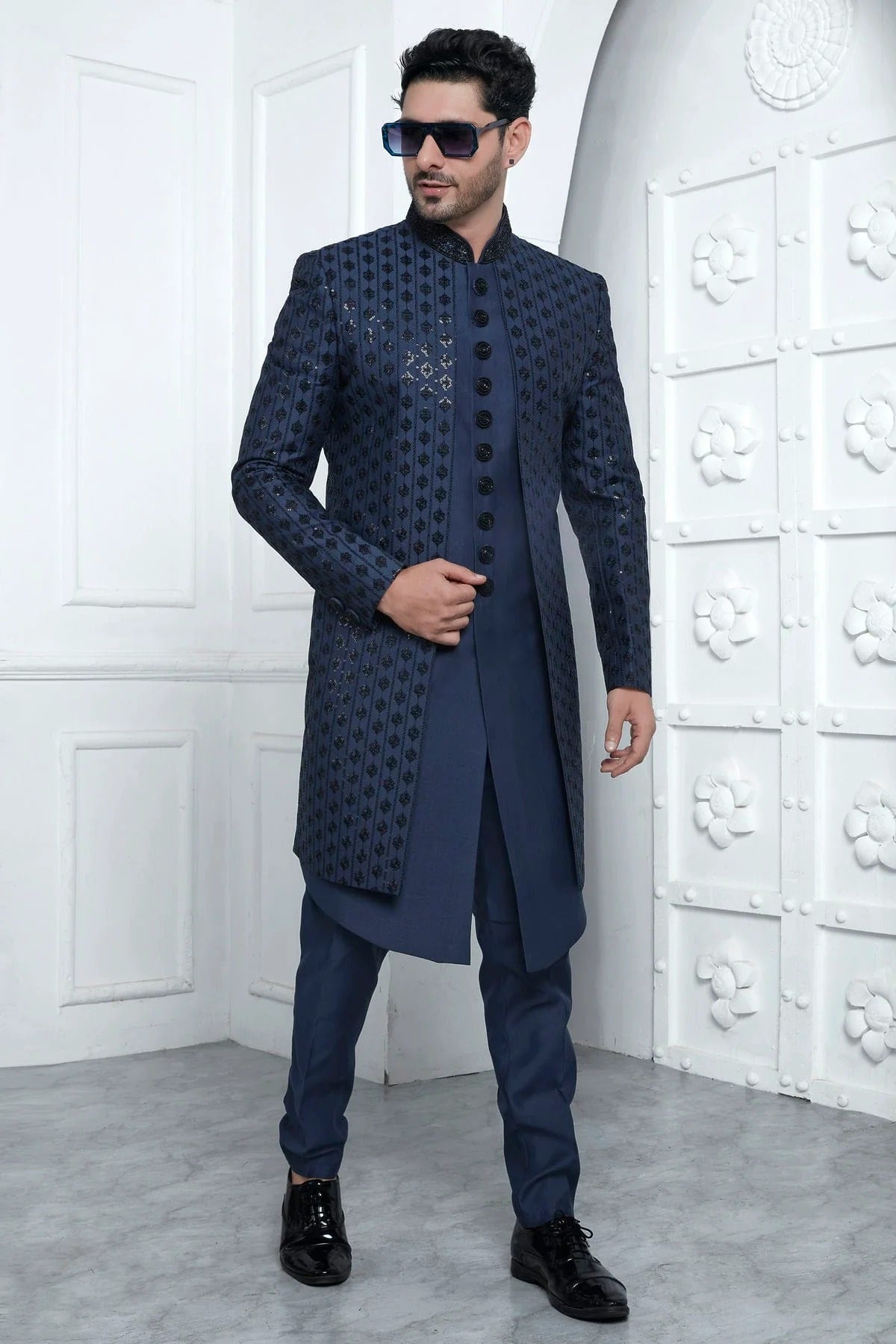 Blue Colour Art Silk Indowestern Sherwani With Aligadhi Pant SH1230018 A