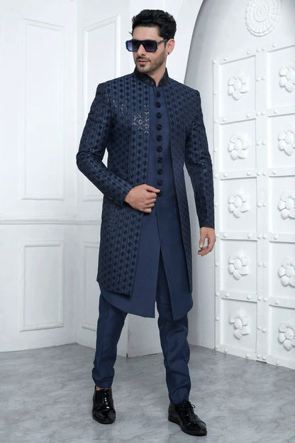 Blue Colour Art Silk Indowestern Sherwani With Aligadhi Pant SH1230018 A