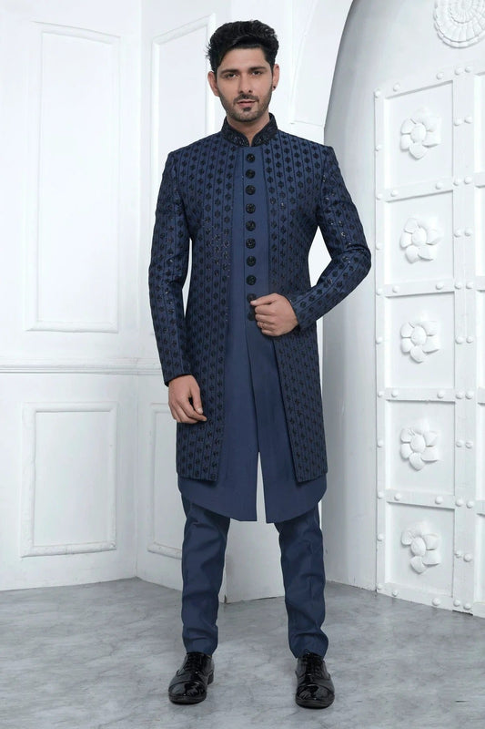 Blue Colour Art Silk Indowestern Sherwani With Aligadhi Pant SH1230018