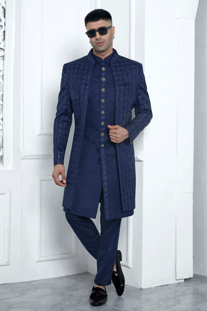 Blue Colour Art Silk Indowestern Sherwani With Aligadhi Pant SH1230022 A