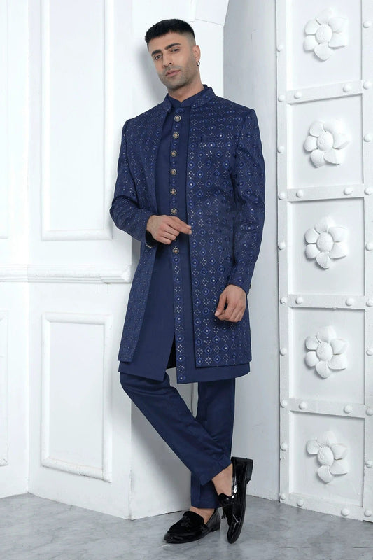 Blue Colour Art Silk Indowestern Sherwani With Aligadhi Pant SH1230022