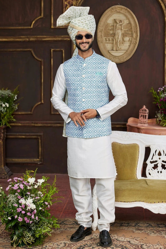 Blue Colour Art Silk Kurta Pajama With Jacket KP1230262