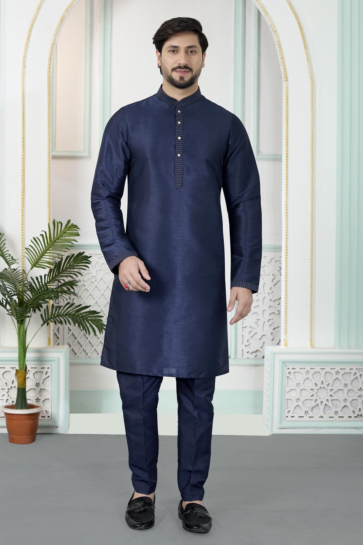 Blue Colour Art Silk Pintux Work Kurta Pajama