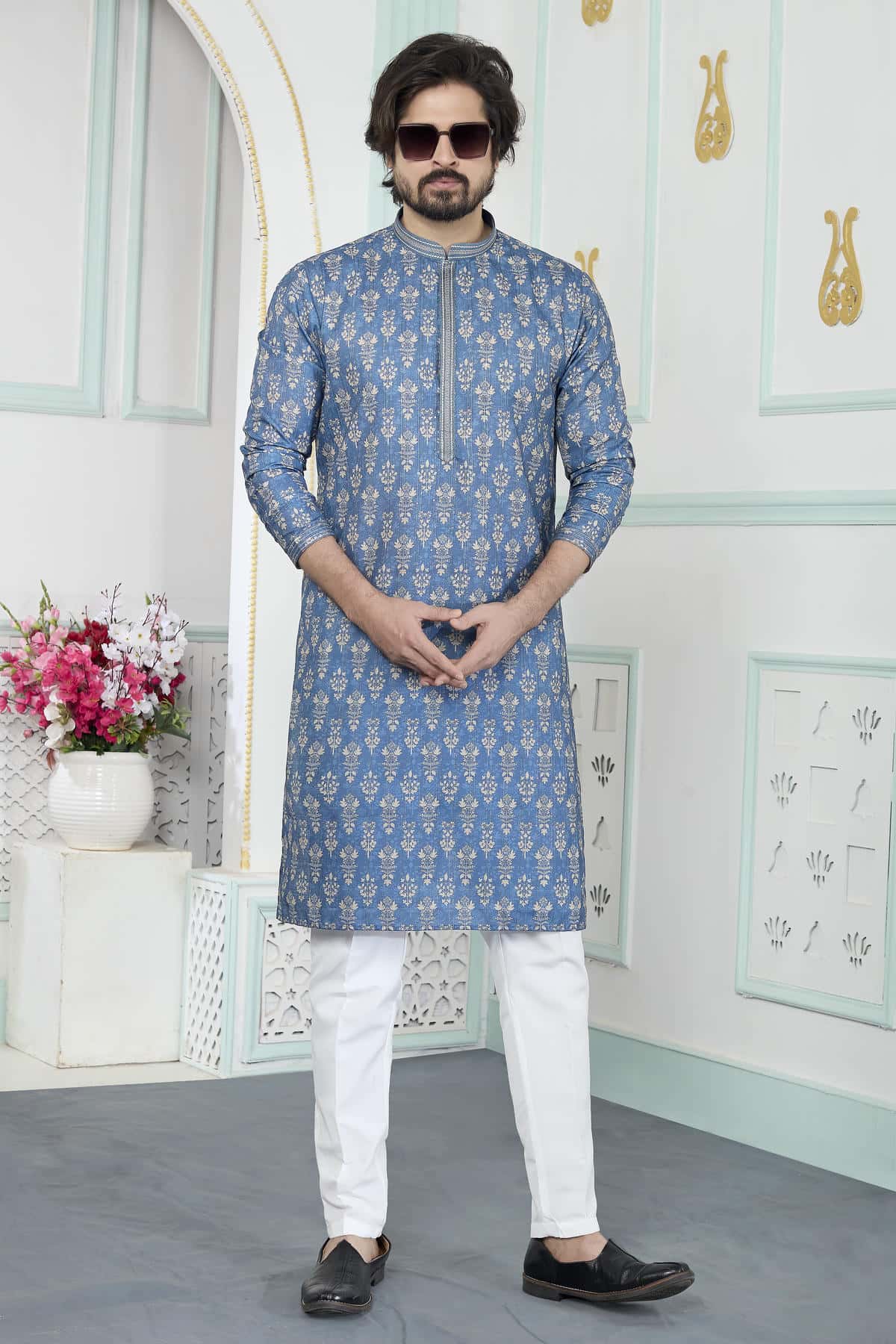 Blue Colour Art Silk Pintux Work Kurta Pajama