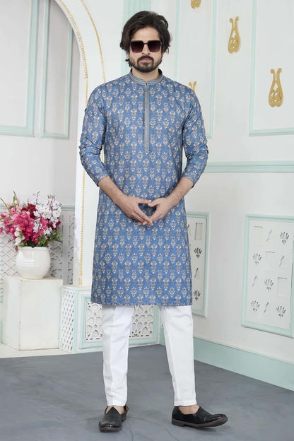 Blue Colour Art Silk Pintux Work Kurta Pajama