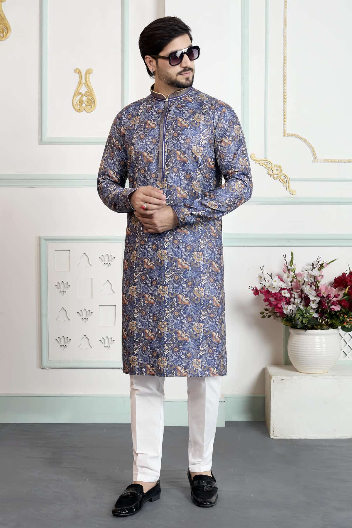 Blue Colour Art Silk Pintux Work Kurta Pajama