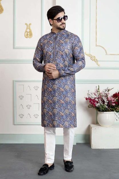 Blue Colour Art Silk Pintux Work Kurta Pajama