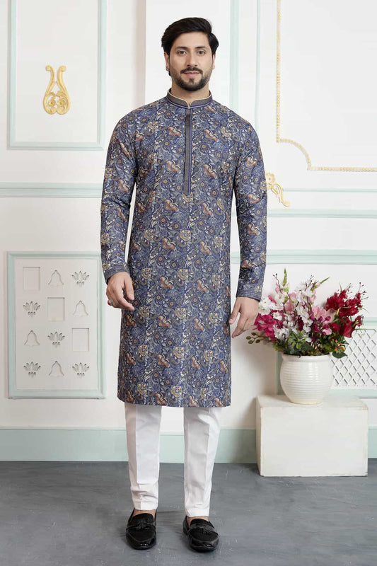 Blue Colour Art Silk Pintux Work Kurta Pajama