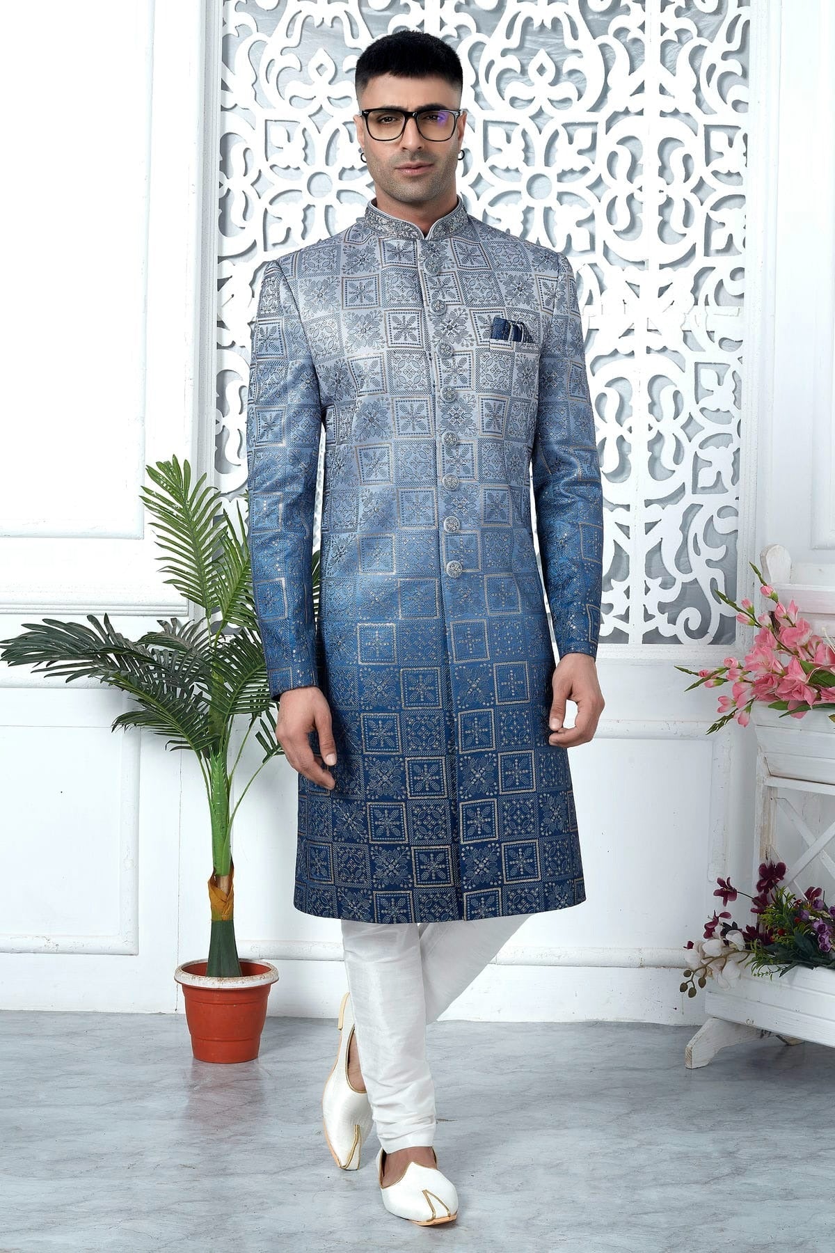 Blue Colour Art Silk Sherwani With Churidar Pant SH1230056 A