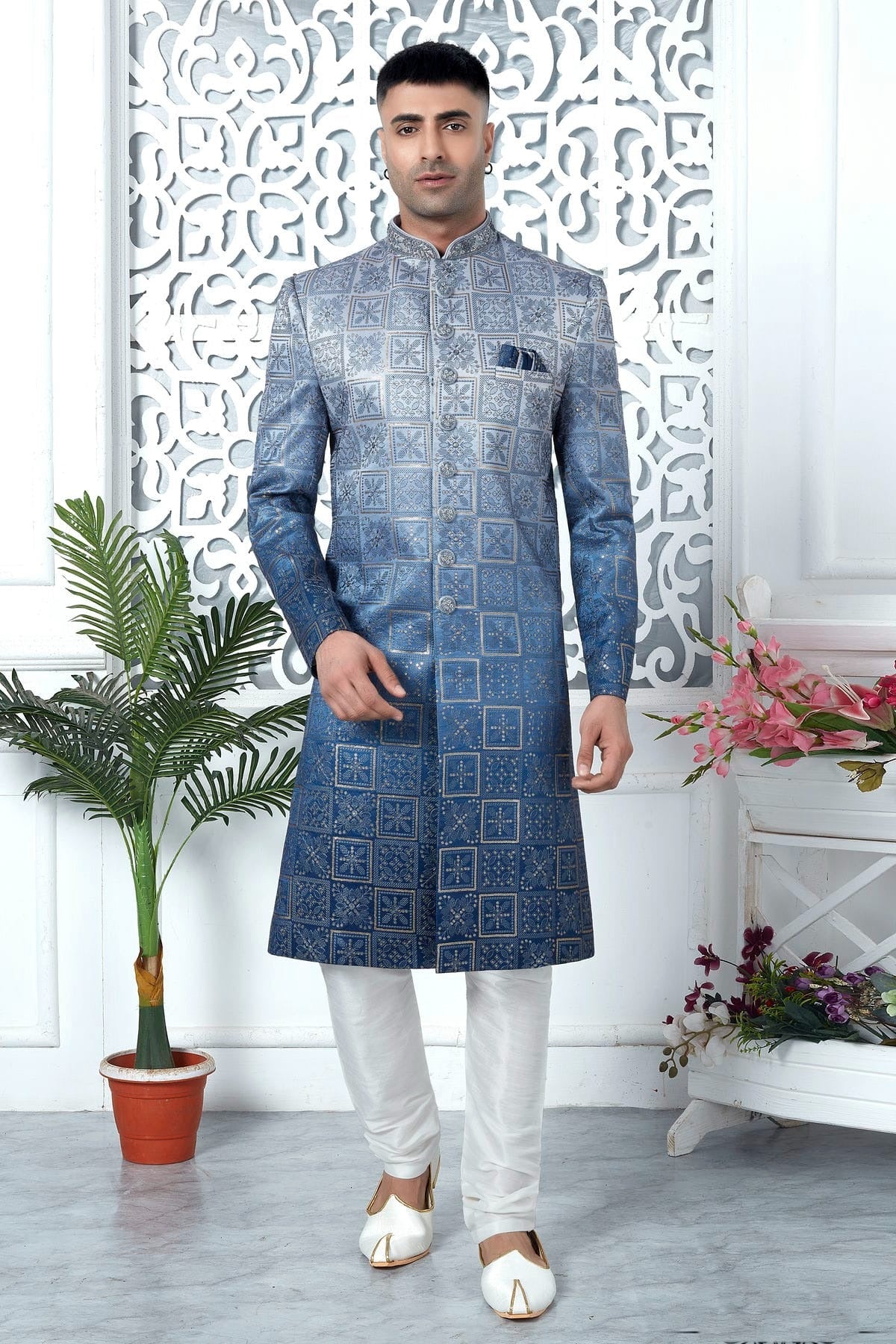 Blue Colour Art Silk Sherwani With Churidar Pant SH1230056