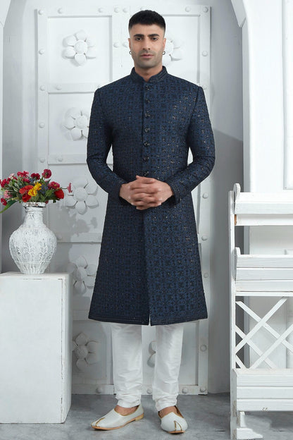 Blue Colour Art Silk Sherwani With Churidar Pant SH1230080
