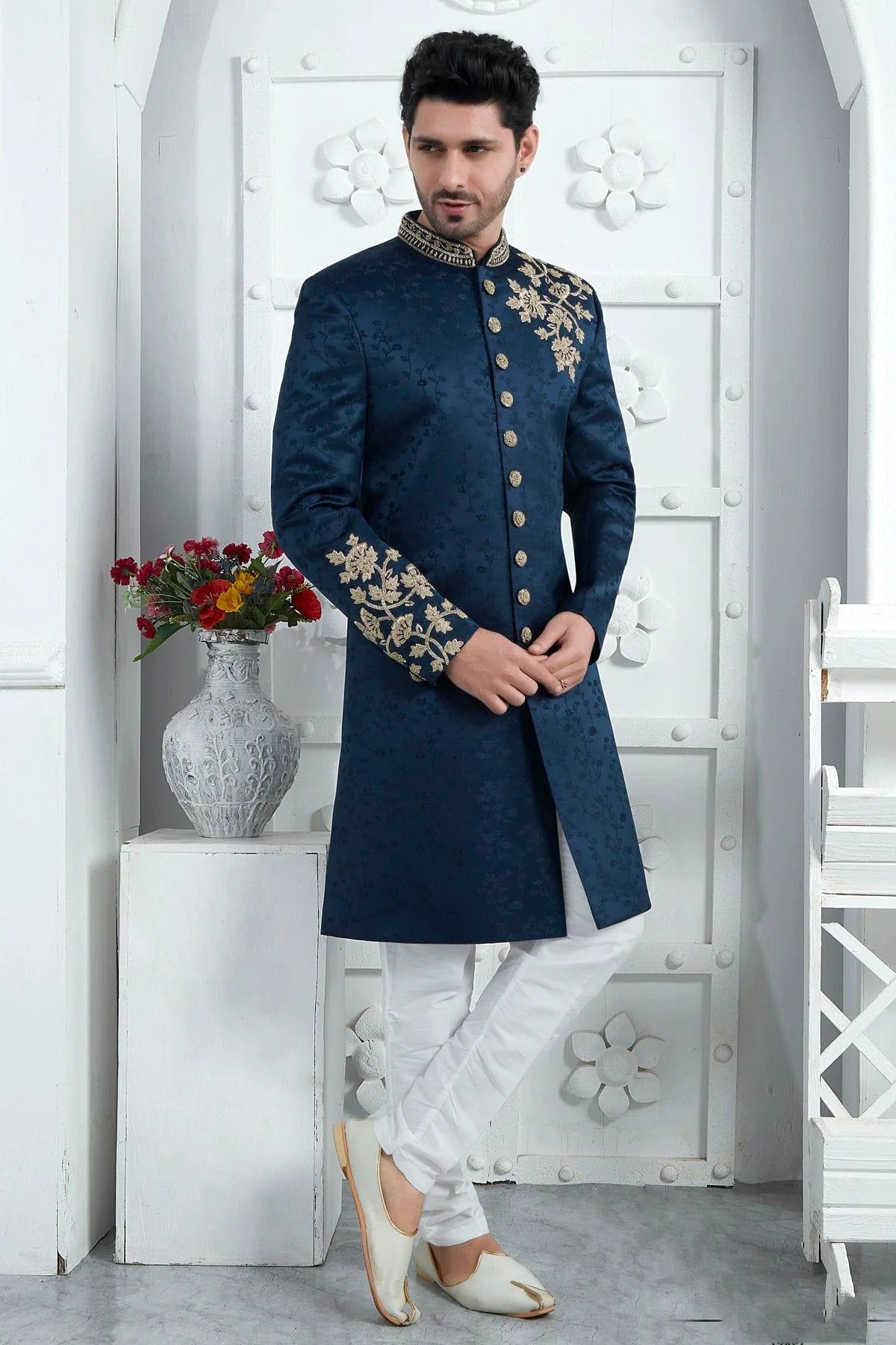 Blue Colour Art Silk Sherwani With Churidar Pant SH1230081