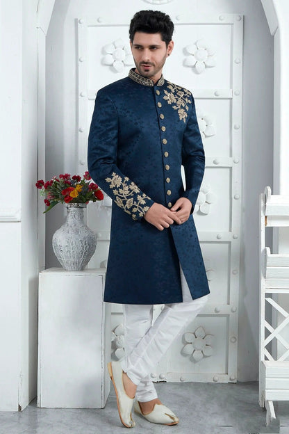 Blue Colour Art Silk Sherwani With Churidar Pant SH1230081