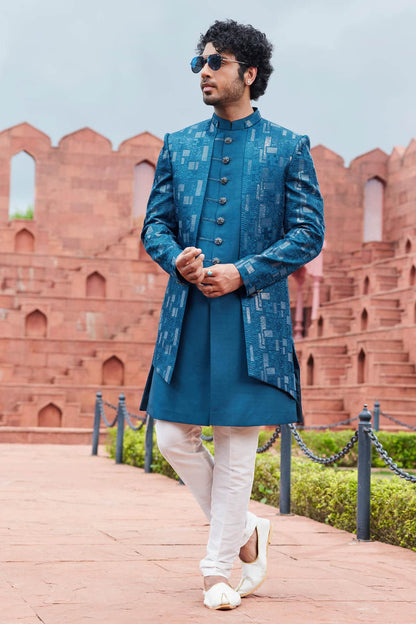 Blue Colour Art Silk Thread Embroidery Work 3 Pcs Jacket Set
