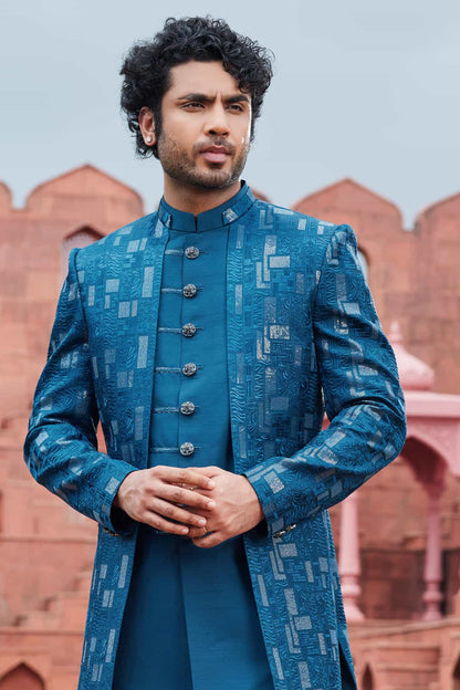Blue Colour Art Silk Thread Embroidery Work 3 Pcs Jacket Set