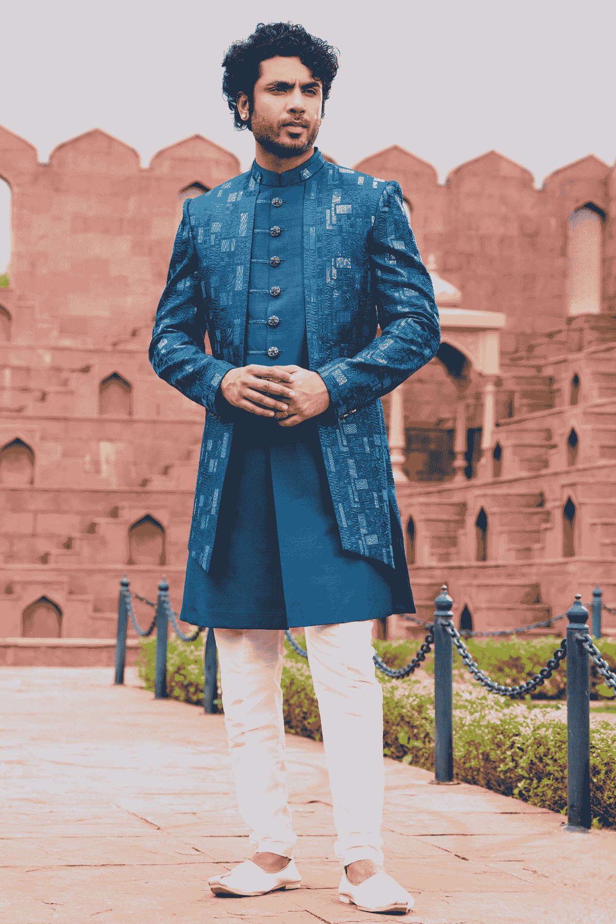 Blue Colour Art Silk Thread Embroidery Work 3 Pcs Jacket Set
