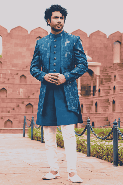 Blue Colour Art Silk Thread Embroidery Work 3 Pcs Jacket Set