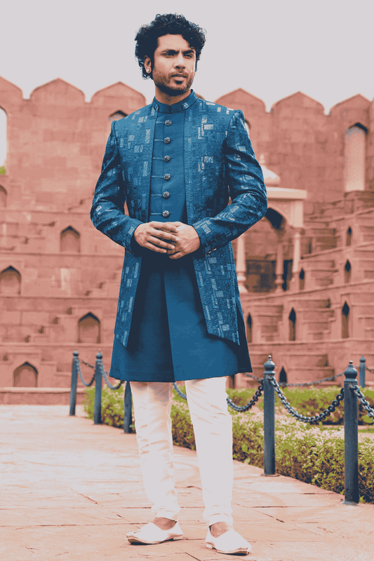 Blue Colour Art Silk Thread Embroidery Work 3 Pcs Jacket Set