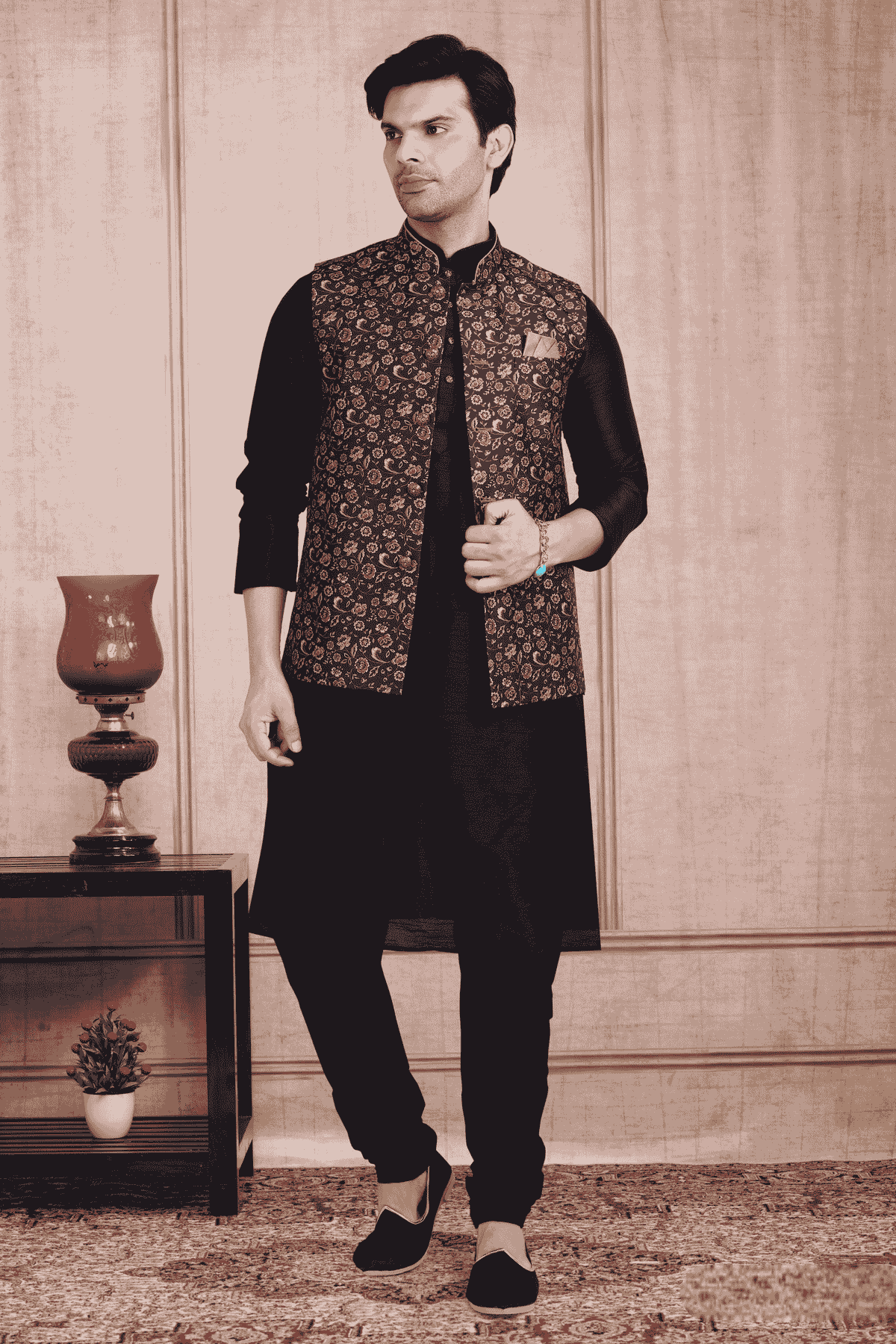 Blue Colour Banarasi Silk Digital Printed Kurta Pajama With Jacket