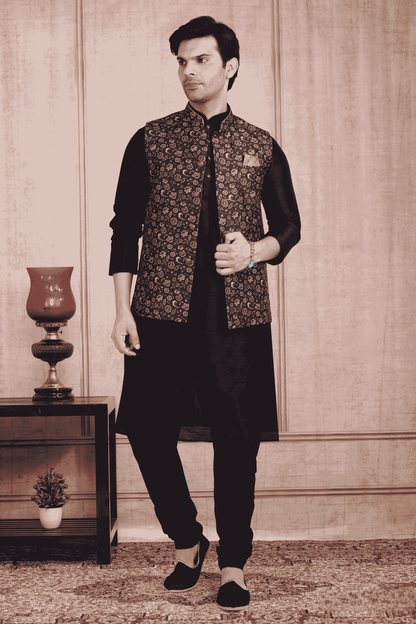Blue Colour Banarasi Silk Digital Printed Kurta Pajama With Jacket