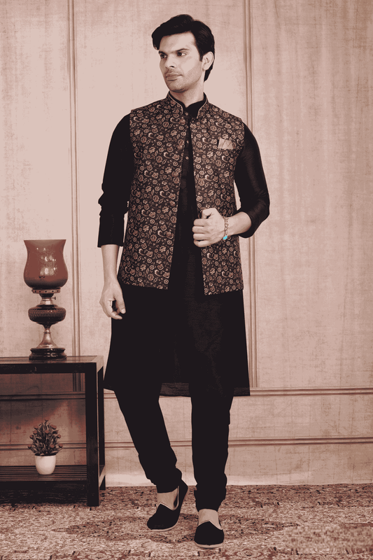 Blue Colour Banarasi Silk Digital Printed Kurta Pajama With Jacket