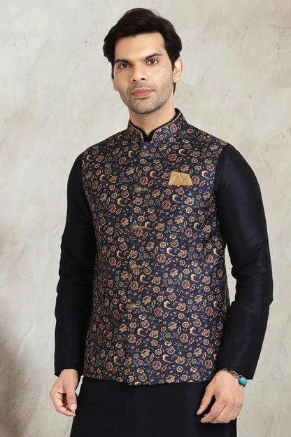 Blue Colour Banarasi Silk Digital Printed Kurta Pajama With Jacket