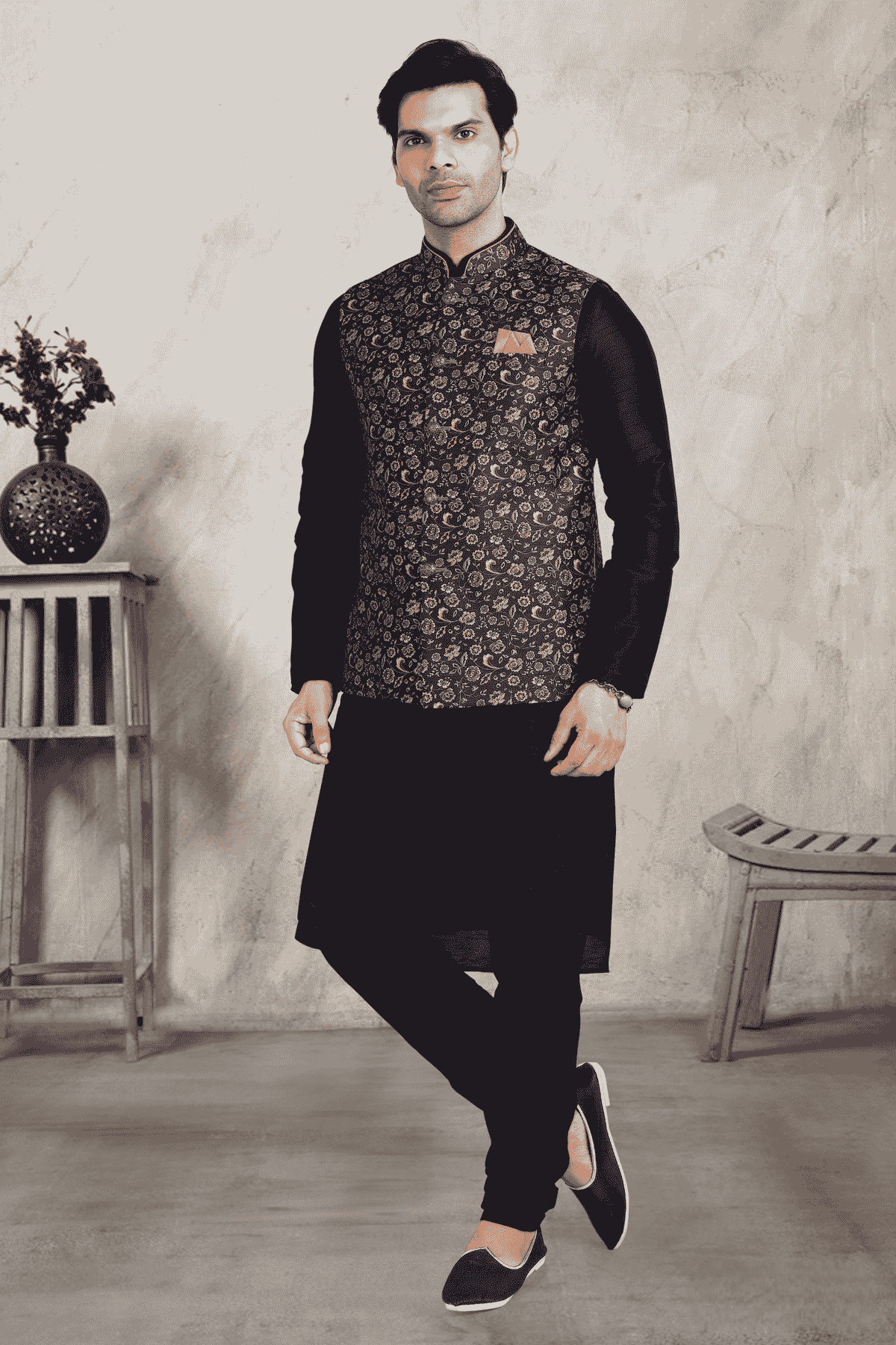 Blue Colour Banarasi Silk Digital Printed Kurta Pajama With Jacket