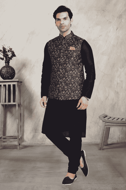Blue Colour Banarasi Silk Digital Printed Kurta Pajama With Jacket