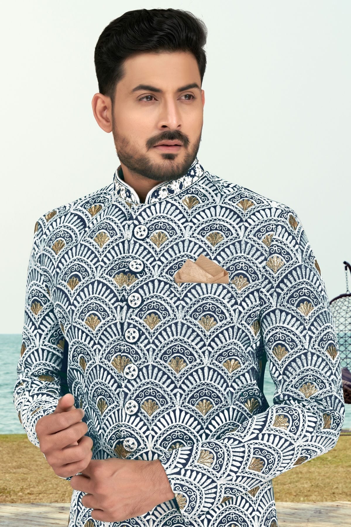 Blue Colour Banarasi Silk Sherwani SH1040529 A