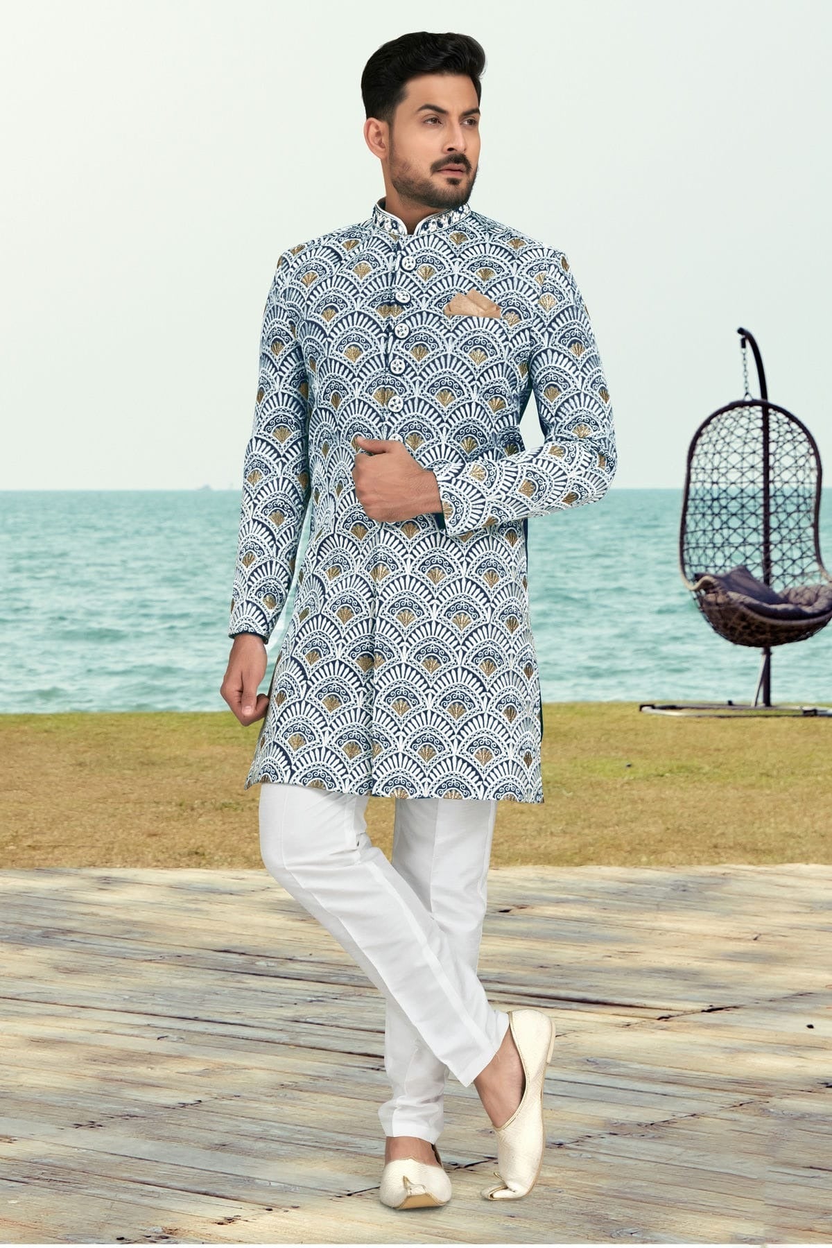 Blue Colour Banarasi Silk Sherwani SH1040529