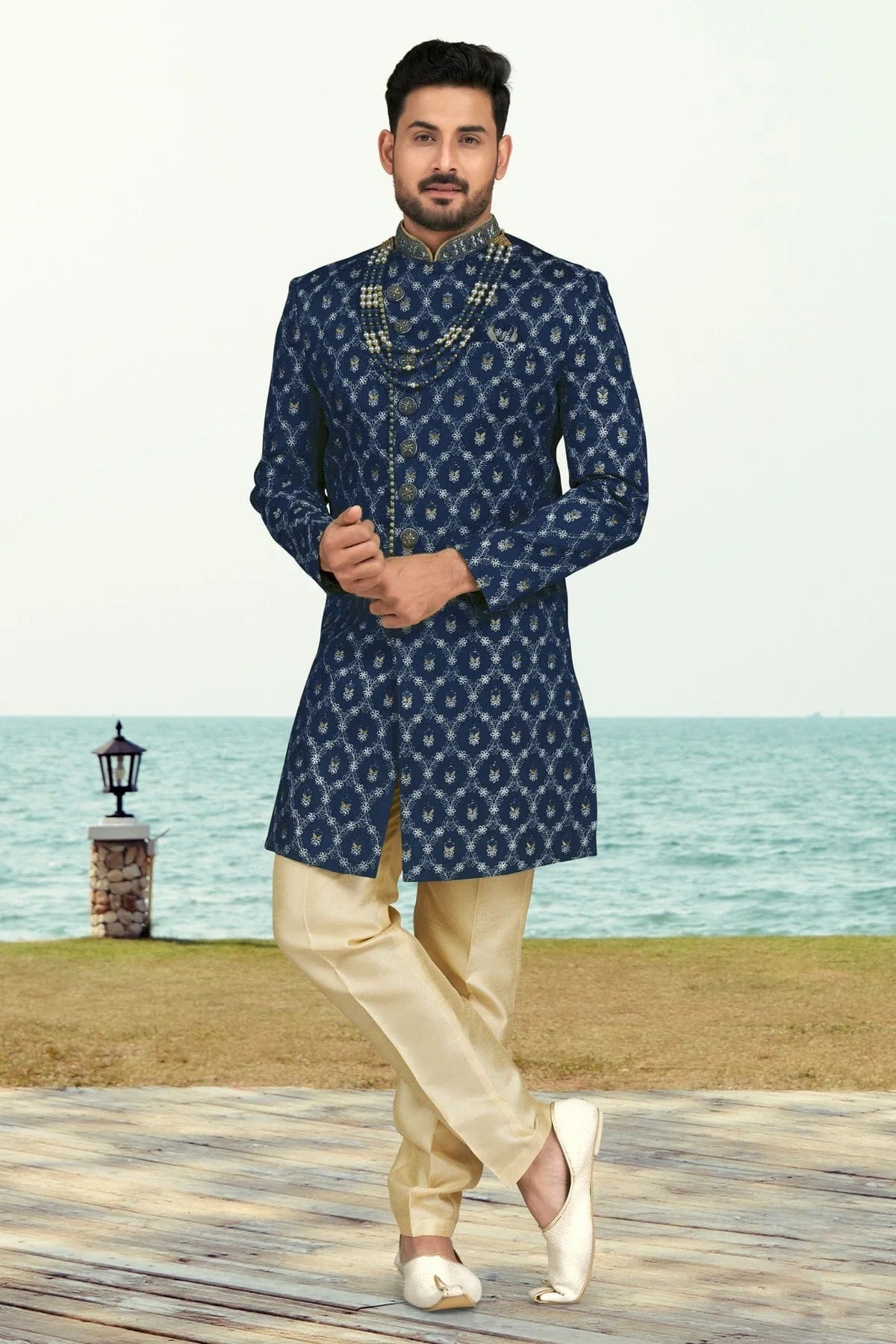 Blue Colour Banarasi Silk Sherwani SH1040537