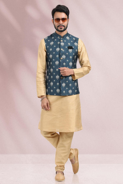 Blue Colour Banarasi Silk Woven Work Kurta Pajama With Jacket