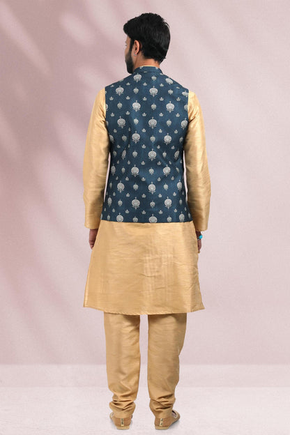 Blue Colour Banarasi Silk Woven Work Kurta Pajama With Jacket