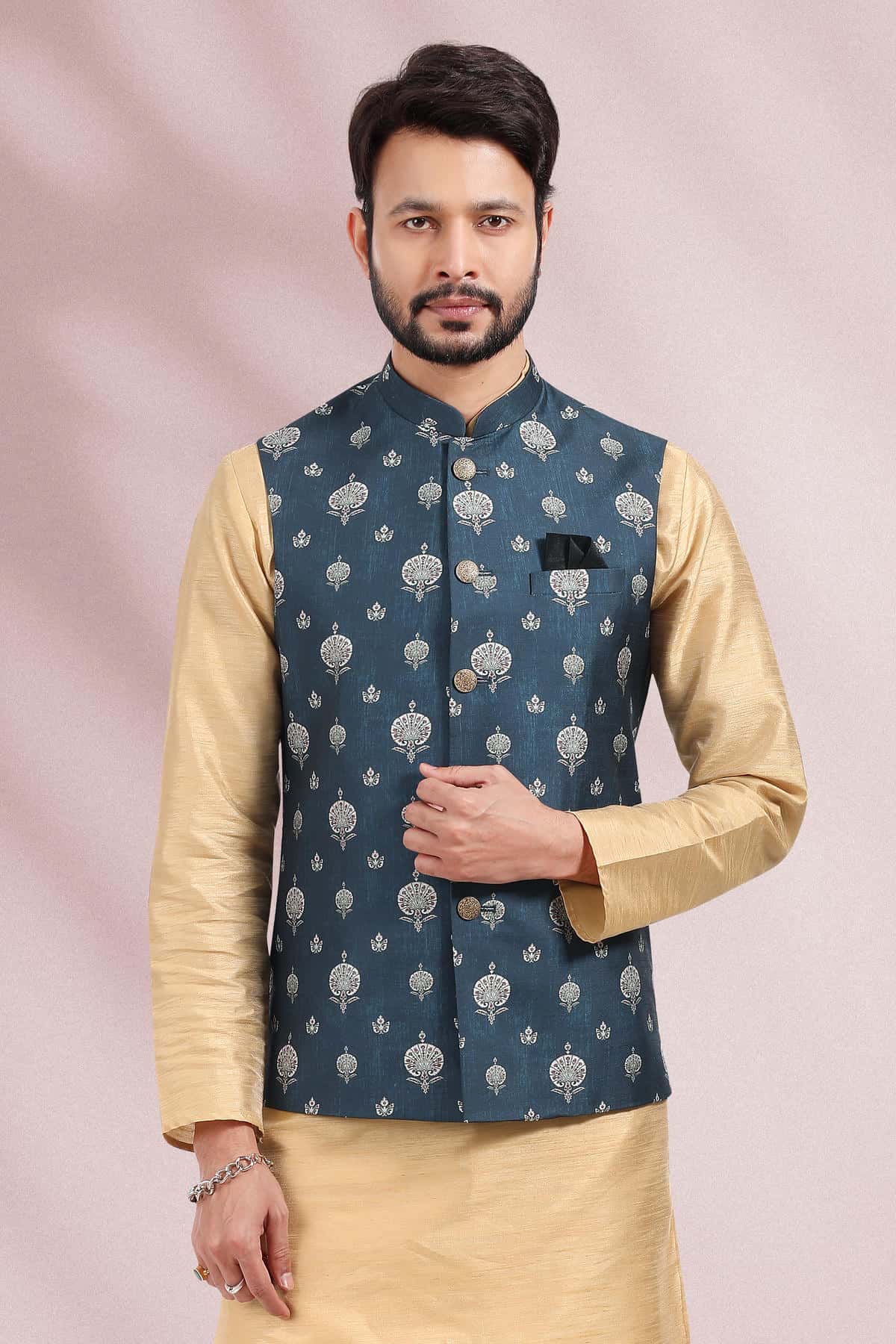 Blue Colour Banarasi Silk Woven Work Kurta Pajama With Jacket
