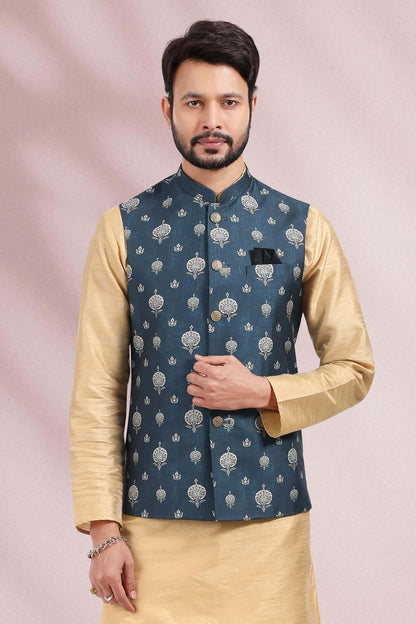 Blue Colour Banarasi Silk Woven Work Kurta Pajama With Jacket
