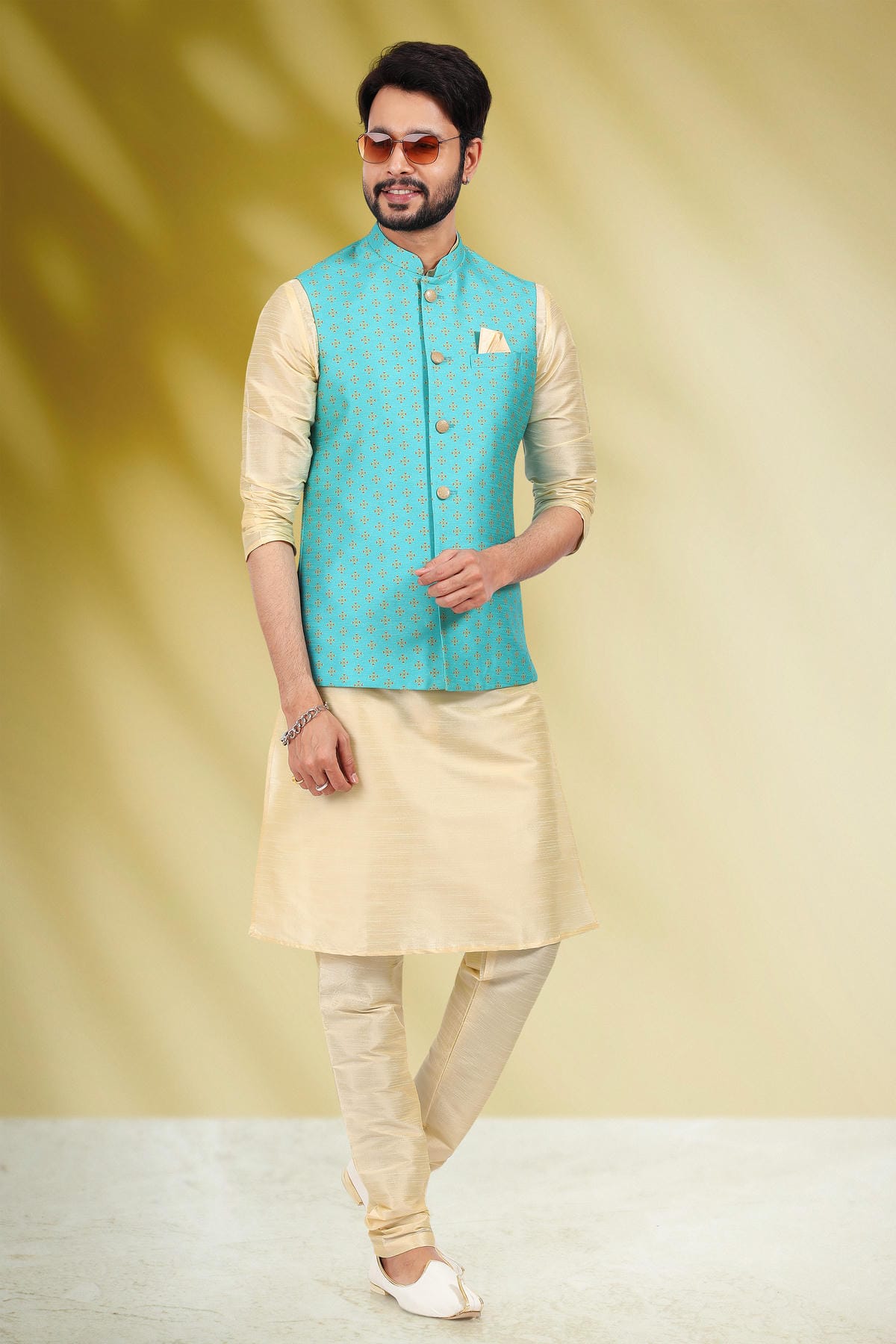 Blue Colour Banarasi Silk Woven Work Kurta Pajama With Jacket