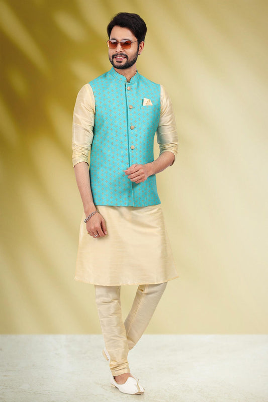 Blue Colour Banarasi Silk Woven Work Kurta Pajama With Jacket