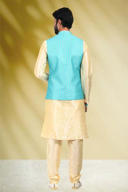 Blue Colour Banarasi Silk Woven Work Kurta Pajama With Jacket